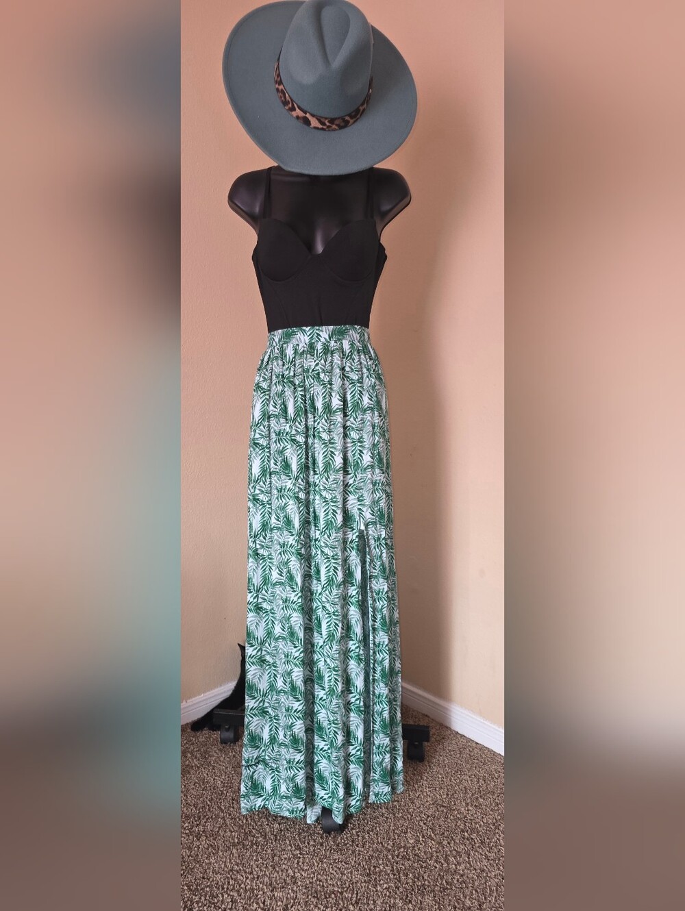 Green Leaf Print Maxi Skirt - Womens